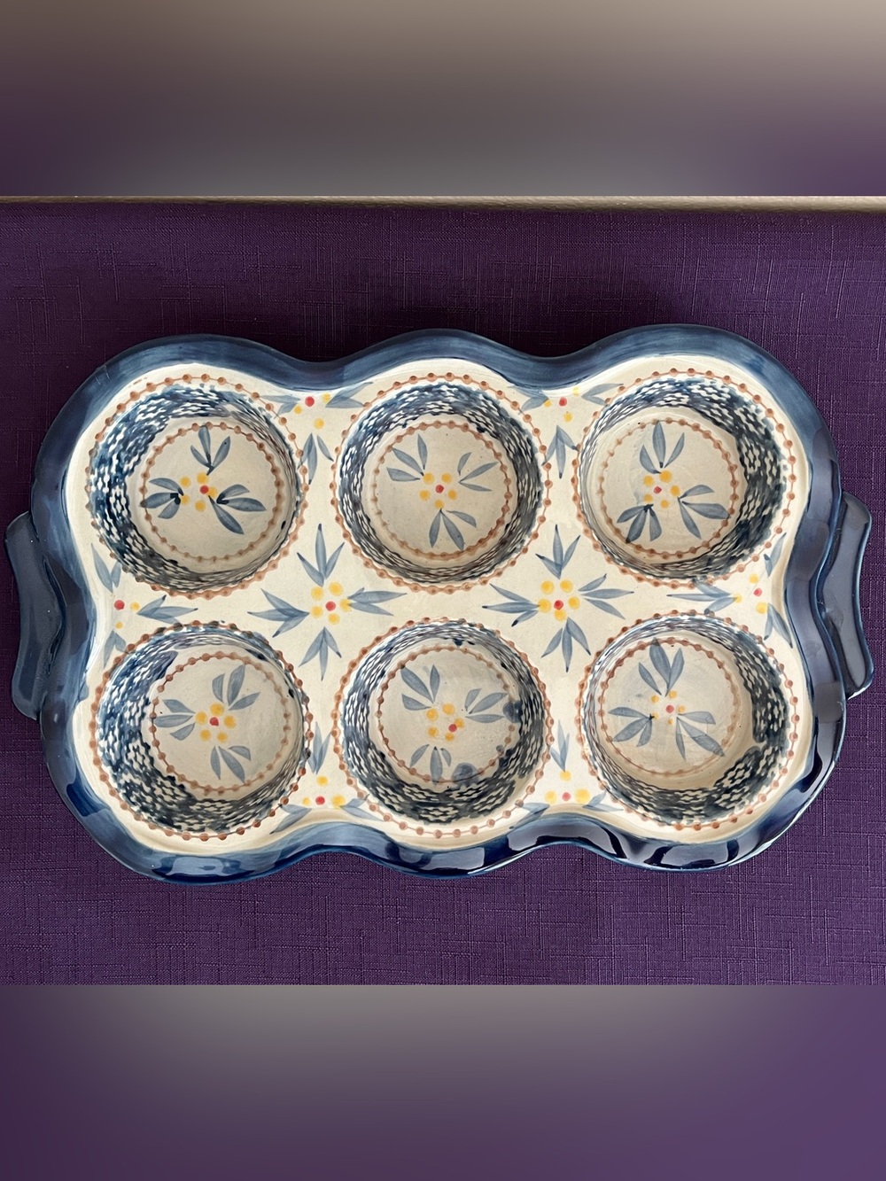 Temp-Tations Cream Ceramic Muffin Tray with Blue Floral Edge